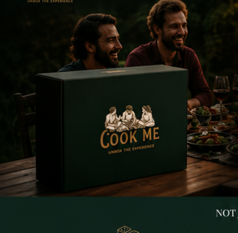 Friends gathered around a table with a Cook Me box